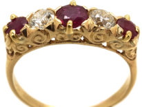 Edwardian 18ct Gold, Ruby & Diamond Carved Half Hoop Five Stone Ring