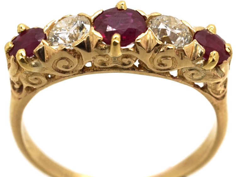 Edwardian 18ct Gold, Ruby & Diamond Carved Half Hoop Five Stone Ring