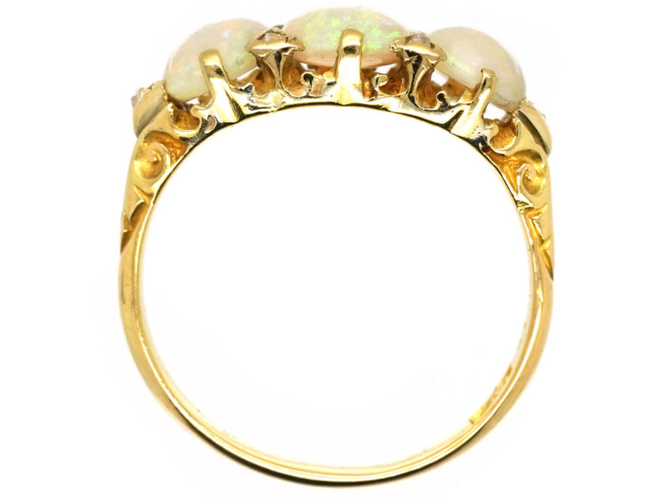 Edwardian 18ct Gold, Three Stone Opal & Diamond Ring