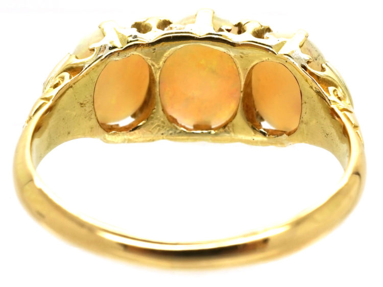Edwardian 18ct Gold, Three Stone Opal & Diamond Ring