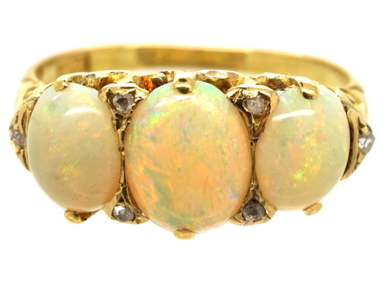 Edwardian 18ct Gold, Three Stone Opal & Diamond Ring
