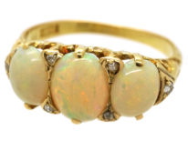 Edwardian 18ct Gold, Three Stone Opal & Diamond Ring
