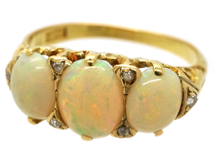 Edwardian 18ct Gold, Three Stone Opal & Diamond Ring