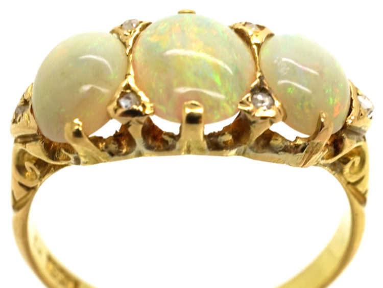 Edwardian 18ct Gold, Three Stone Opal & Diamond Ring