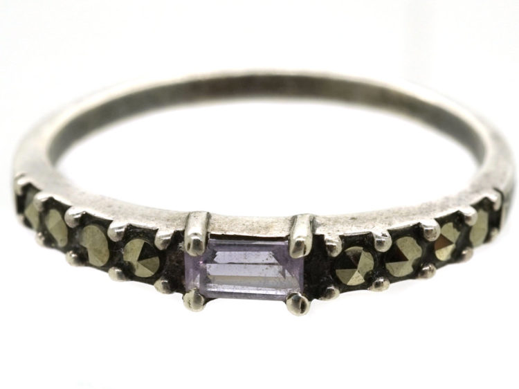 Silver Narrow Ring Set With Marcasite & Pink Paste