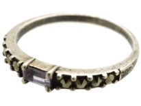 Silver Narrow Ring Set With Marcasite & Pink Paste