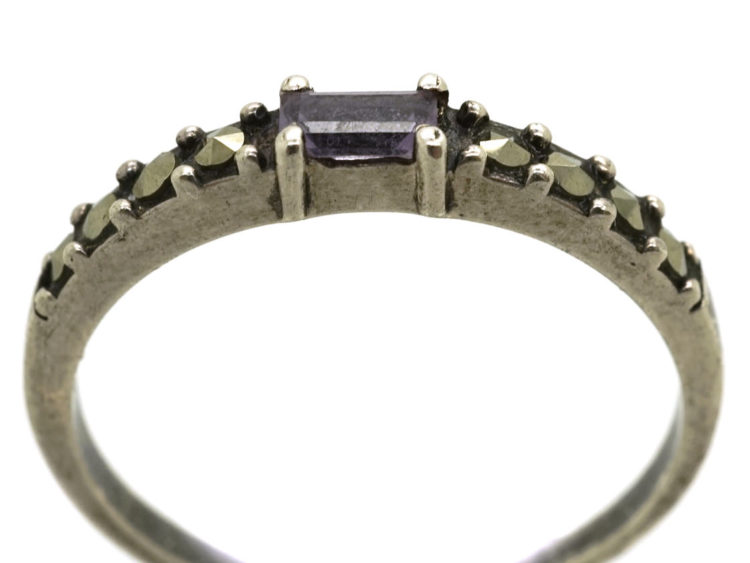 Silver Narrow Ring Set With Marcasite & Pink Paste