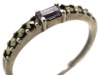 Silver Narrow Ring Set With Marcasite & Pink Paste