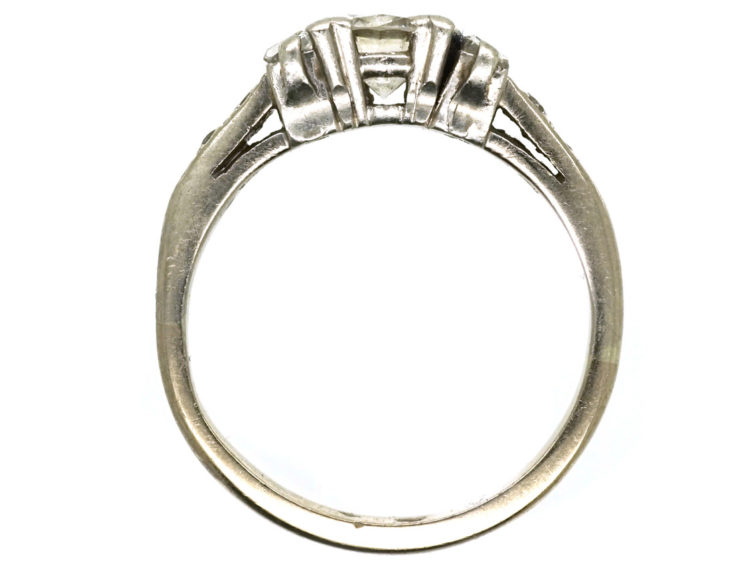 Art Deco 18ct White Gold, Solitaire Diamond Ring With Baguette Diamonds on Either Side