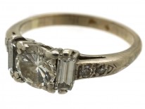 Art Deco 18ct White Gold, Solitaire Diamond Ring With Baguette Diamonds on Either Side
