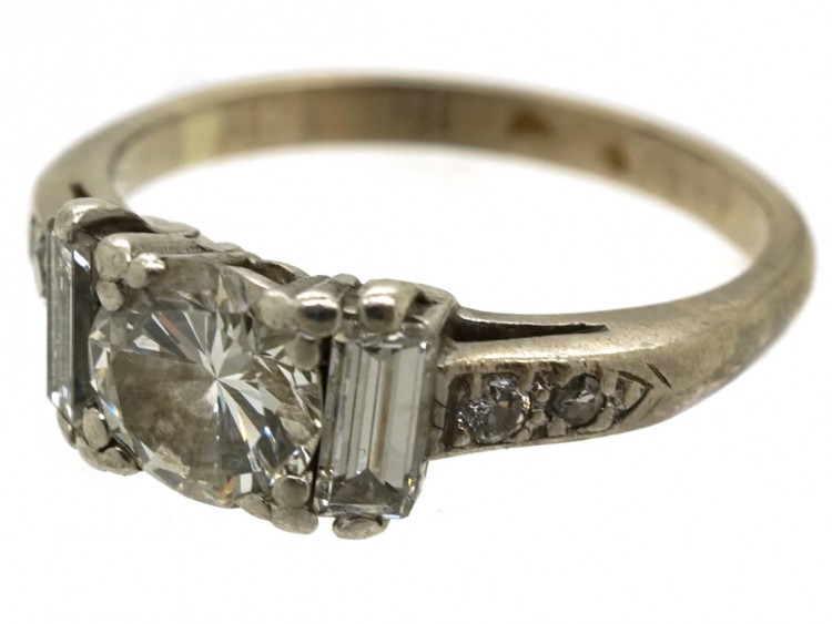 Art Deco 18ct White Gold, Solitaire Diamond Ring With Baguette Diamonds on Either Side