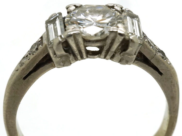 Art Deco 18ct White Gold, Solitaire Diamond Ring With Baguette Diamonds on Either Side