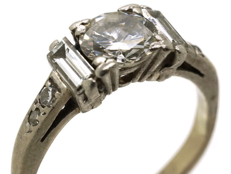 Art Deco 18ct White Gold, Solitaire Diamond Ring With Baguette Diamonds on Either Side