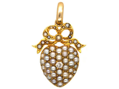 Edwardian 15ct Gold Heart Pendant Set With Natural Split Pearls & a Diamond