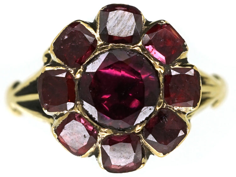 Georgian 18ct Gold Flat Cut Almandine Garnet Cluster Ring
