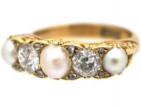Victorian 18ct Gold Diamond & Natural Pearl Carved Half Hoop Ring
