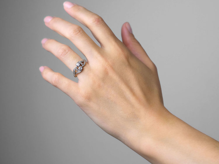 French 18ct Gold Two Stone Diamond Twist Ring With Rose Diamond Shoulders