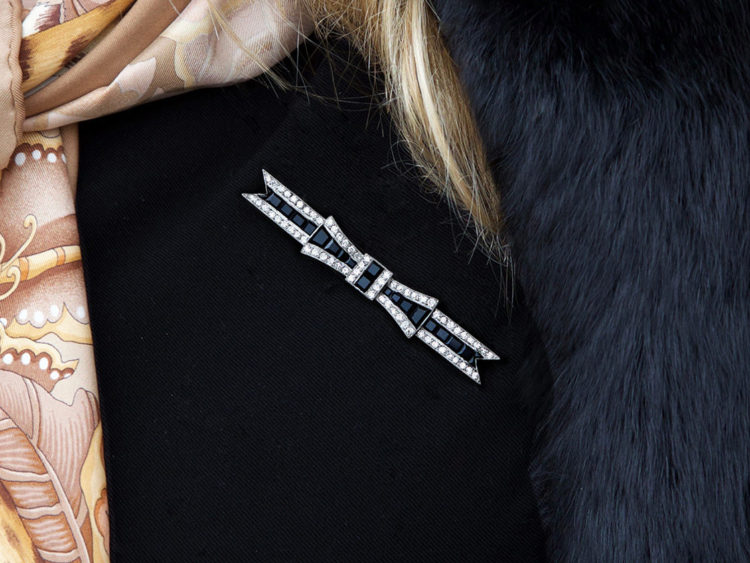 Art Deco Diamond & Onyx Bow Brooch