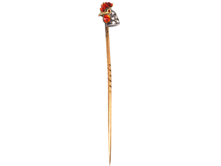 Edwardian 15ct Gold, Red Enamel & Diamond Cockerel Tie Pin