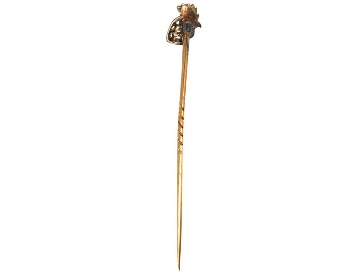 Edwardian 15ct Gold, Red Enamel & Diamond Cockerel Tie Pin