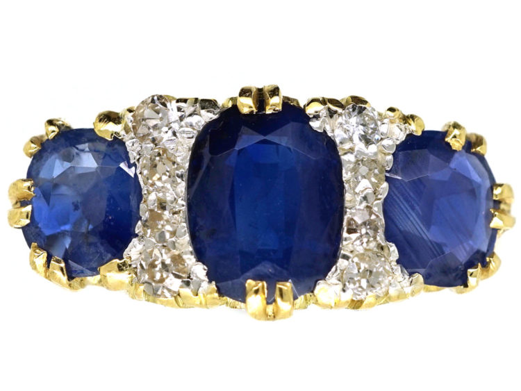 Victorian 18ct Gold, Three Stone Sapphire & Diamond Carved Half Hoop Ring