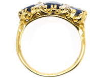 Victorian 18ct Gold, Three Stone Sapphire & Diamond Carved Half Hoop Ring