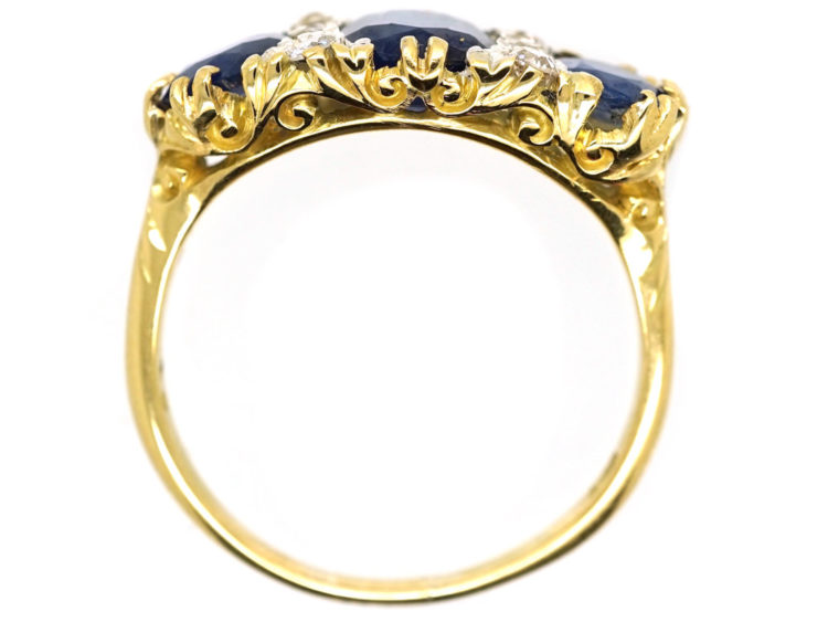 Victorian 18ct Gold, Three Stone Sapphire & Diamond Carved Half Hoop Ring