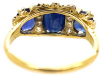 Victorian 18ct Gold, Three Stone Sapphire & Diamond Carved Half Hoop Ring