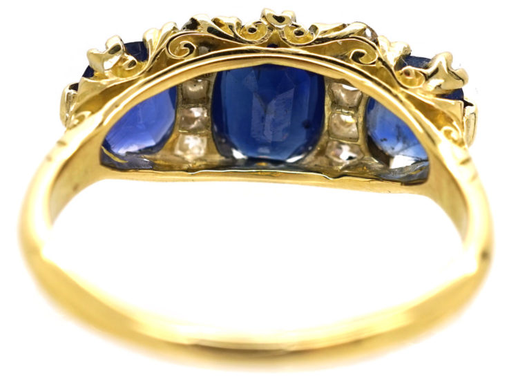 Victorian 18ct Gold, Three Stone Sapphire & Diamond Carved Half Hoop Ring