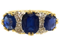 Victorian 18ct Gold, Three Stone Sapphire & Diamond Carved Half Hoop Ring