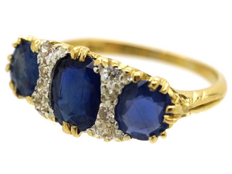 Victorian 18ct Gold, Three Stone Sapphire & Diamond Carved Half Hoop Ring