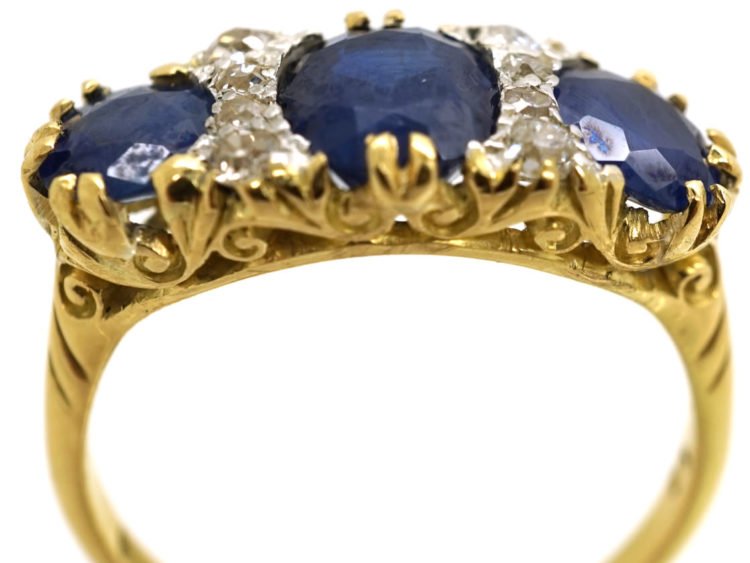 Victorian 18ct Gold, Three Stone Sapphire & Diamond Carved Half Hoop Ring