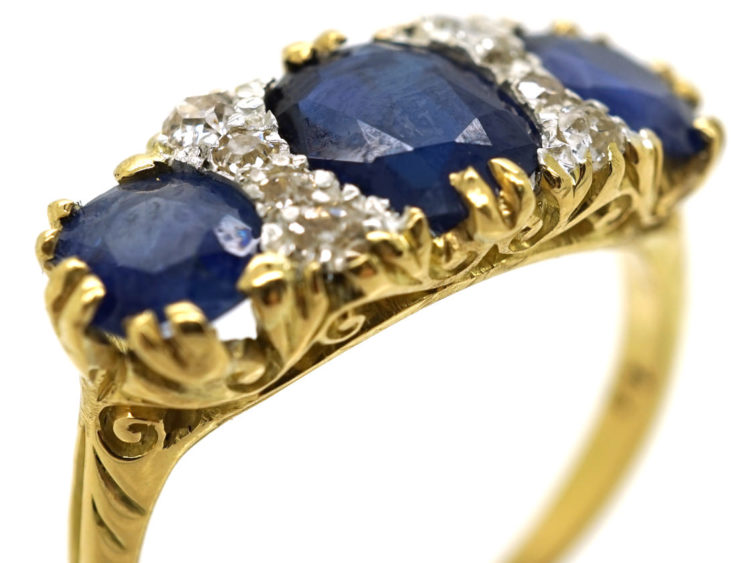 Victorian 18ct Gold, Three Stone Sapphire & Diamond Carved Half Hoop Ring