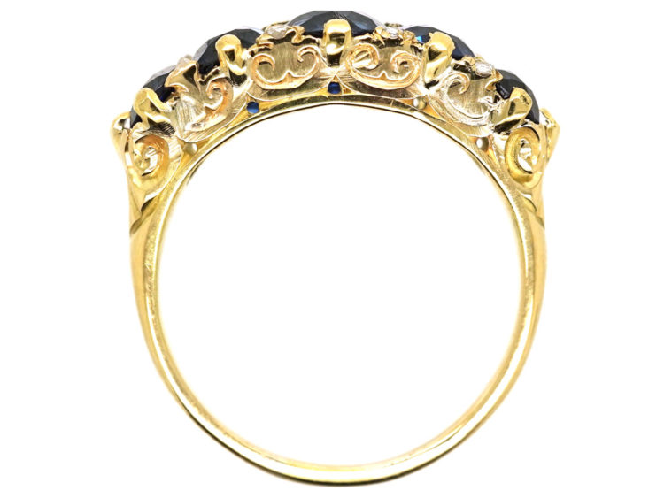 Victorian 18ct Gold Five Stone Sapphire Carved Half Hoop Ring