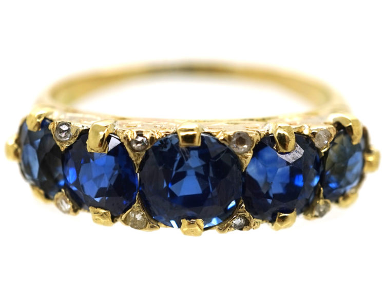 Victorian 18ct Gold Five Stone Sapphire Carved Half Hoop Ring