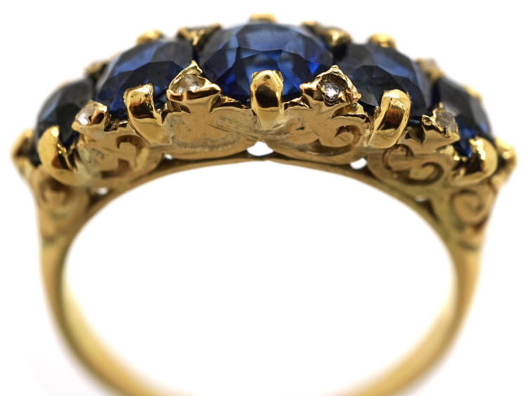 Victorian 18ct Gold Five Stone Sapphire Carved Half Hoop Ring