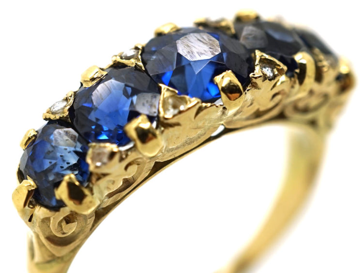 Victorian 18ct Gold Five Stone Sapphire Carved Half Hoop Ring