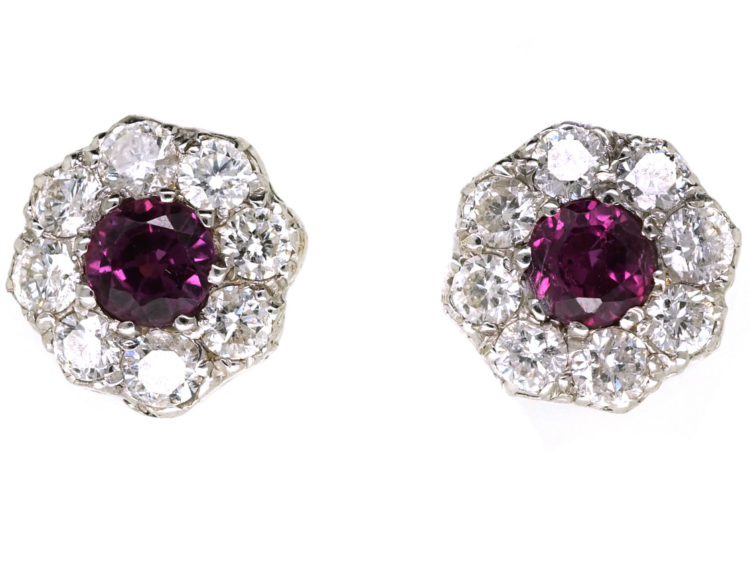 18ct White Gold Ruby & Diamond Cluster Earrings