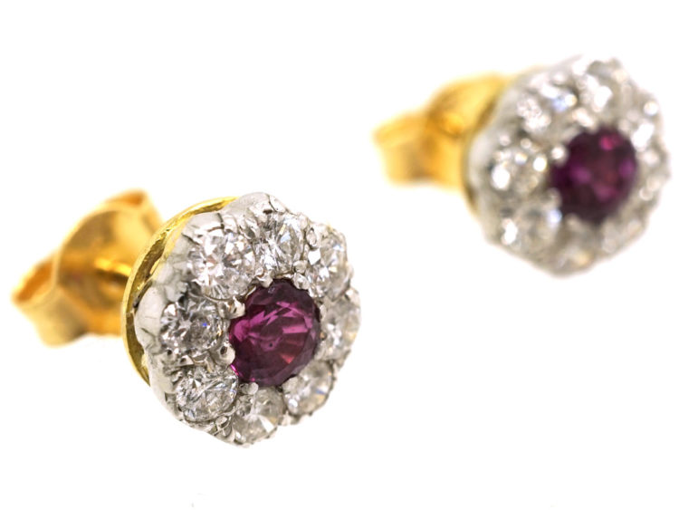 18ct White Gold Ruby & Diamond Cluster Earrings