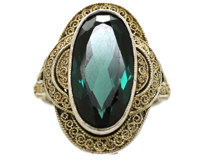 Art Deco Silver Gilt & Green Paste Ring Attributed to Theodor Fahrner