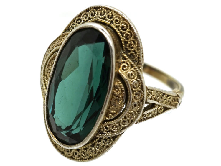 Art Deco Silver Gilt & Green Paste Ring Attributed to Theodor Fahrner