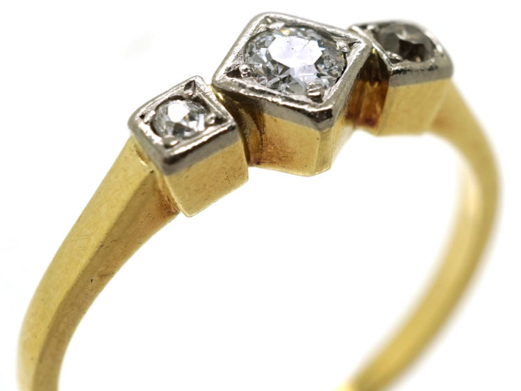 Art Deco 18ct Gold, Platinum & Three Stone Diamond Ring