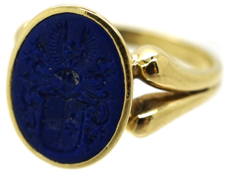 14ct Gold & Lapis Signet Ring With Intaglio of Crest