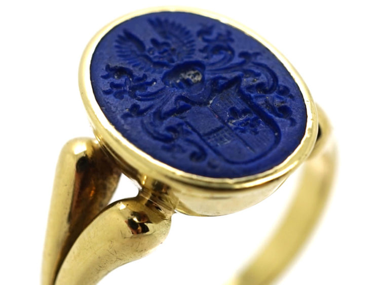 14ct Gold & Lapis Signet Ring With Intaglio of Crest