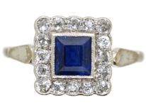 Art Deco 18ct White Gold, Platinum, Sapphire & Diamond Square Ring