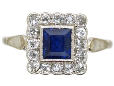 Art Deco 18ct White Gold, Platinum, Sapphire & Diamond Square Ring