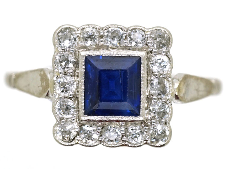 Art Deco 18ct White Gold, Platinum, Sapphire & Diamond Square Ring