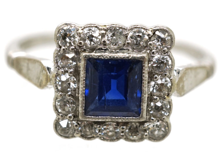 Art Deco 18ct White Gold, Platinum, Sapphire & Diamond Square Ring