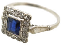 Art Deco 18ct White Gold, Platinum, Sapphire & Diamond Square Ring