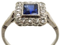 Art Deco 18ct White Gold, Platinum, Sapphire & Diamond Square Ring